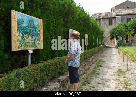 Ein Tourist Prüfung eine Reproduktion von Vincent Van Gogh Gemälde (Ölbäume) in der Anstalt von Saint-Paul, Saint-Rémy Stockfoto