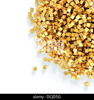 Abstrakte Darstellung der goldenen Würfel Heap auf weißem Hintergrund Stockfoto