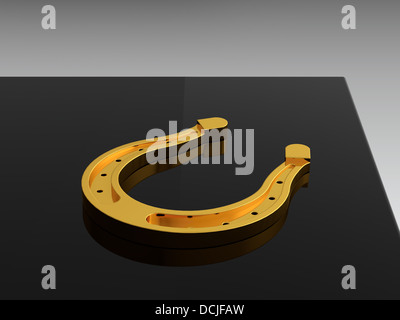 3D-Render gold Hufeisen am schwarzen Tisch Stockfoto