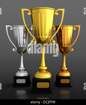 3D Render aus Gold, Silber und bronze Pokale auf schwarzem Hintergrund Stockfoto