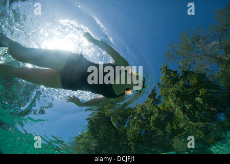Weibliches Model Schwimmen unter Wasser mit einem einteiligen Badeanzug mit einem Schnorchel Maske und Schnorchel Stockfoto