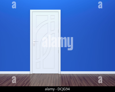 3D Rendern der weiße Tür in blauen Wand, klassisches Parkett Stockfoto