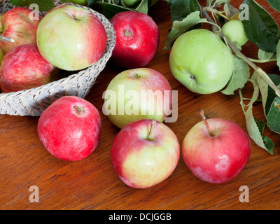 rote und grüne Äpfel mit Blättern in Korb auf Holztisch hautnah Stockfoto