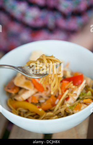 Chinesische Hähnchen Nudel unter Rühren braten, Frau aus einer Schüssel essen. Stockfoto
