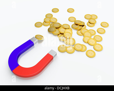 3D-Render Geld Magnet mit goldenen Münzen Stockfoto