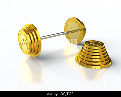 3D-Render Langhantel Goldmünzen gemacht. Stockfoto