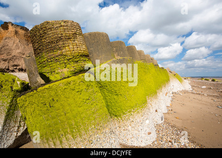 Zertrümmerte konkrete Küstenschutzes an Ulrome in der Nähe von Skipsea auf Yorkshires Ostküste, UK. Stockfoto