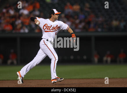 Baltimore, MD, USA. 19. August 2013. Baltimore Orioles zweiter Basisspieler Brian Roberts (1) Felder einen Ball und bereitet sich auf die erste Base werfen. Tampa Bay Rays gegen Baltimore Orioles an Oriole Park at Camden Yards am 19. August 2013 in Baltimore, Maryland. Foto: Mike Buscher/Cal Sport Media © Csm/Alamy Live-Nachrichten Stockfoto