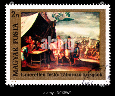 Porto Stempel aus Ungarn zeigt das Gemälde "Camp von der Kurucs", 300. Jahrestag der Geburt von Francis Il Rakoczy Stockfoto