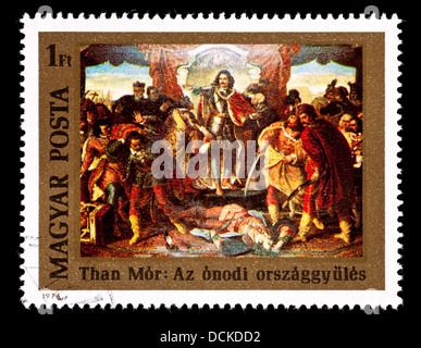 Briefmarke aus Ungarn, die Darstellung der "Ernährung der Onod" von Mor als für 300' Jahrestag der Geburt von Francis Il Rakoczy Stockfoto