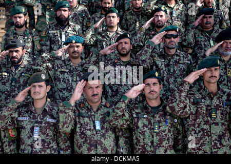 Afghanische Armee Offiziere Gruß während der Nationalhymne bei einem Feierlichkeiten afghanischen Unabhängigkeitstag 19. August 2013 in Camp Shorabak, Provinz Helmand, Afghanistan. Stockfoto