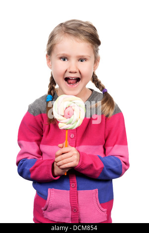 Niedliche Mädchen mit Lollipop isoliert Stockfoto