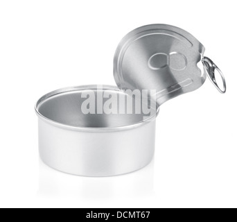 Leere Dose geöffnet. Isoliert auf weißem Hintergrund Stockfoto