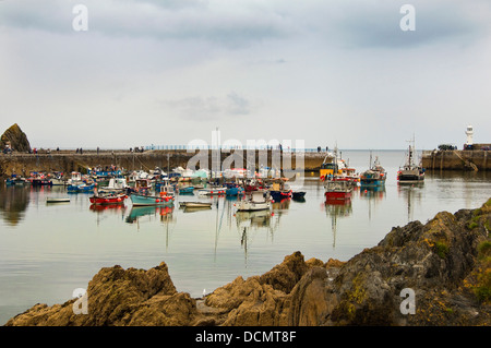 Horizontale Panoramablick über den äußeren Hafen in Mevagissey an einem dunklen bewölkten Tag. Stockfoto