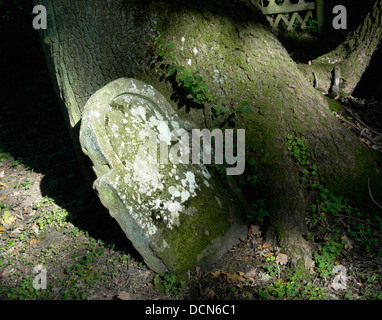 alten Grabstein in der Nähe von hölzernen Stiel auf einem alten jüdischen Friedhof mit Flutlicht von Abendsonne in Süddeutschland Stockfoto