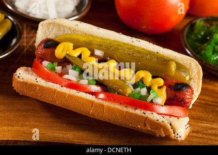 Chicago Style Hotdog mit Senf, Gurke, Tomate, Relish und Zwiebel Stockfoto