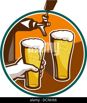 Illustration von zwei Glas voll Pint Bier mit Hand Betrieb und tippen Sie auf Hintergrund in Kreis gesetzt. Stockfoto