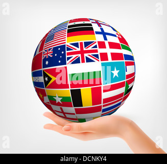 Flaggen der Welt im Globe und Hand. Vektor-Illustration. Stockfoto