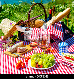 schmeckte Picknick auf dem Rasen in der Nähe von einem See Stockfoto