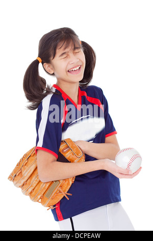 Mädchen Lachen halten Sie Softball und Mitt, isoliert Stockfoto