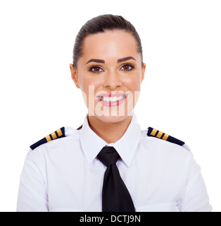 hübschen weiblichen Airline pilot Closeup Portrait isoliert auf weiss Stockfoto