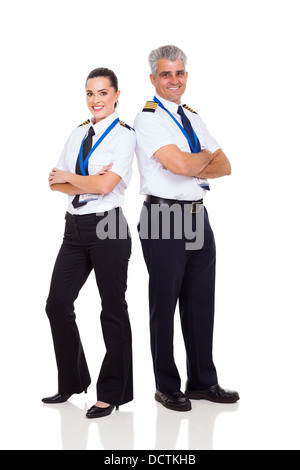 Senior Pilot und Co-Pilotin voller Länge Portrait auf weiß Stockfoto
