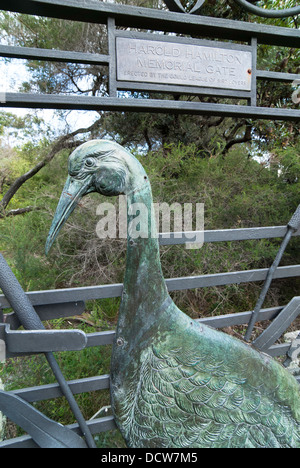 Detail der Brolga auf das reich verzierte Tor zum Vogelschutzgebiet im Centennial Park, Sydney, Australien. Stockfoto