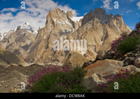 Die Trango-Türme aus dem Baltoro-Gletscher in Balistan, Nord-Pakistan Stockfoto