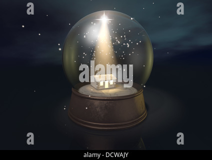 Eine regelmäßige Schneekugel Darstellung ein leuchtender Stern und der Geburtskirche in Bethlehem auf einem blauen Sternenhimmel Hintergrund stabil Stockfoto