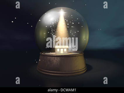Eine regelmäßige Schneekugel Darstellung ein leuchtender Stern und der Geburtskirche in Bethlehem auf einem blauen Sternenhimmel Hintergrund stabil Stockfoto