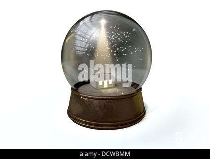Eine regelmäßige Schneekugel Darstellung ein leuchtender Stern und der Geburtskirche in Bethlehem auf einem isolierten weißen Hintergrund stabil Stockfoto