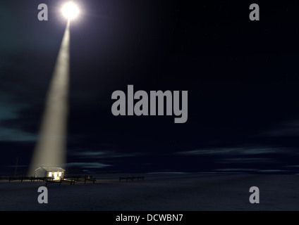 Eine Krippe von Christs Geburt in Bethlehem mit der isolierten heruntergekommen Stall wird von einem hellen Stern auf einem dunkelblauen Himmel beleuchtet Stockfoto