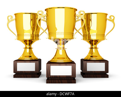 Drei goldene Trophäen mit einem leeren Teller für benutzerdefinierte Text. 3D gerenderte Darstellung. Stockfoto
