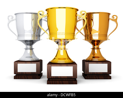 Drei Trophäen mit einem leeren Teller für benutzerdefinierte Text. 3D gerenderte Darstellung. Stockfoto