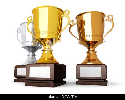 Drei Trophäen mit einem leeren Teller für benutzerdefinierte Text. 3D gerenderte Darstellung. Stockfoto