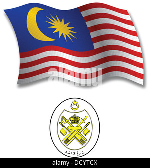 Malaysia beschattet strukturierte wellig Flagge und Wappen gegen weiß, Vektor-Illustration Kunst, enthält Bild Transparenz Stockfoto