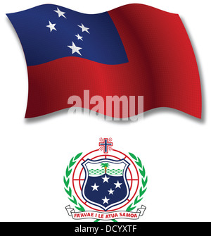Samoa beschattet texturiert, gewellte Fahne und Wappen vor weißem Hintergrund, Vektor-Illustration Kunst Stockfoto