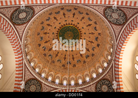 Eine gemusterte dekorative gewölbte Decke im Inneren Süleymaniye-Moschee, Istanbul, Türkei Stockfoto