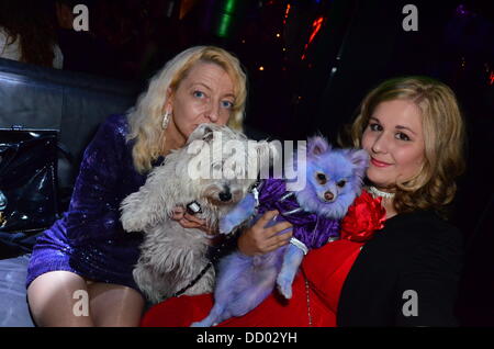 London UK 21. August 2013: Hunde-Liebhaber besucht CH5 TV Launch Party -, die die Welten die meisten verwöhnten Haustier? bei DSTRKT. Stockfoto