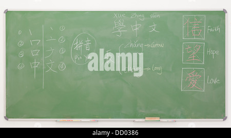 Tafel mit chinesischen Wörter und Übersetzungen auf sie geschrieben Stockfoto