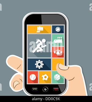 Internet Elemente menschlichen Hand hält ein Smartphone UI Anwendungen grafische Schnittstelle flach Icons Set. Vektor für die einfache Bearbeitung geschichtet. Stockfoto