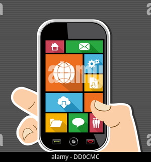 Internet Elemente menschlichen Hand hält ein Smartphone UI Anwendungen grafische Schnittstelle flach Icons Set. Vektor für die einfache Bearbeitung geschichtet. Stockfoto