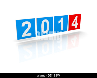 Blau und rot leuchtende Quadrate mit neuen 2014 Jahr zahlen auf weißem Hintergrund mit weichen Schatten. 3D Design-element Stockfoto