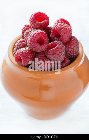 Frische Himbeeren in Keramiktopf, selektiven Fokus Stockfoto