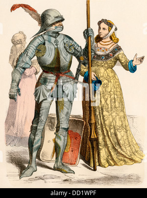 Deutsche Ritter in Rüstung und eine Dame, mid-1400s. Hand-farbig drucken Stockfoto