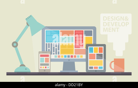 Abbildung von mobilen und Desktop-Website Design Entwicklungsprozess mit minimalistischen modernen Geräten auf dem Designer Arbeitsplatz Stockfoto