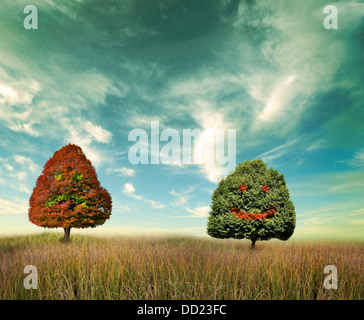 Zwei Bäume auf einem Feld mit glückliche und unglückliche Gesichter Stockfoto