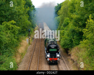 Reigate, Surrey, UK. 23. August 2013. Der British Pullman VS Orient Express Steam Locomotive BR (S) Handelsmarine Clan Line Klasse 4-6-2 Nr. 35028 "Mittagessen Ausflug" Geschwindigkeiten entlang der North Downs in Reigate, Surrey, 1500hrs Freitag, 23. August 2013 auf dem Weg nach London Victoria. Credit: Foto von Lindsay Constable/Alamy Live-Nachrichten Stockfoto