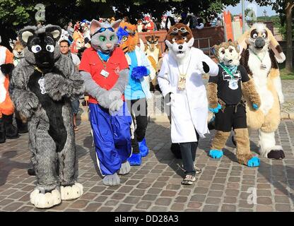 Magdeburg, Deutschland. 23. August 2013. Teilnehmer der Eurofurence Convention tragen fantasievolle Tierkostüme, nehmen sie Teil an der Parade in Magdeburg, Deutschland, 23. August 2013. Rund 1.400 Fans von bizarren pelzigen Tierkostüme sind erwartet der 19. Eurofurence Convention in Magdeburg, die bis zum 25 August stattfindet. Foto: JENS WOLF/Dpa/Alamy Live News Stockfoto