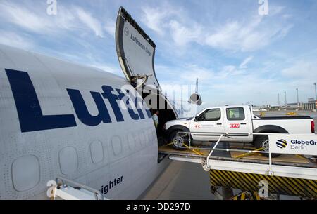 Das Transportflugzeug MD11 ist vollgepackt mit Entlastung Versorgungsmaterialien des Deutschen Roten Kreuzes am Flughafen Schönefeld in Berlin, Deutschland, 23. August 2013. Das Material wird für den Bau eines Krankenhauses für syrische Flüchtlinge in der neuen Flüchtlingslager "Azraq" in Jordanien verwendet werden. Foto: TIM BRAKEMEIER Stockfoto